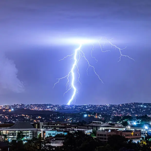 lightining over a city